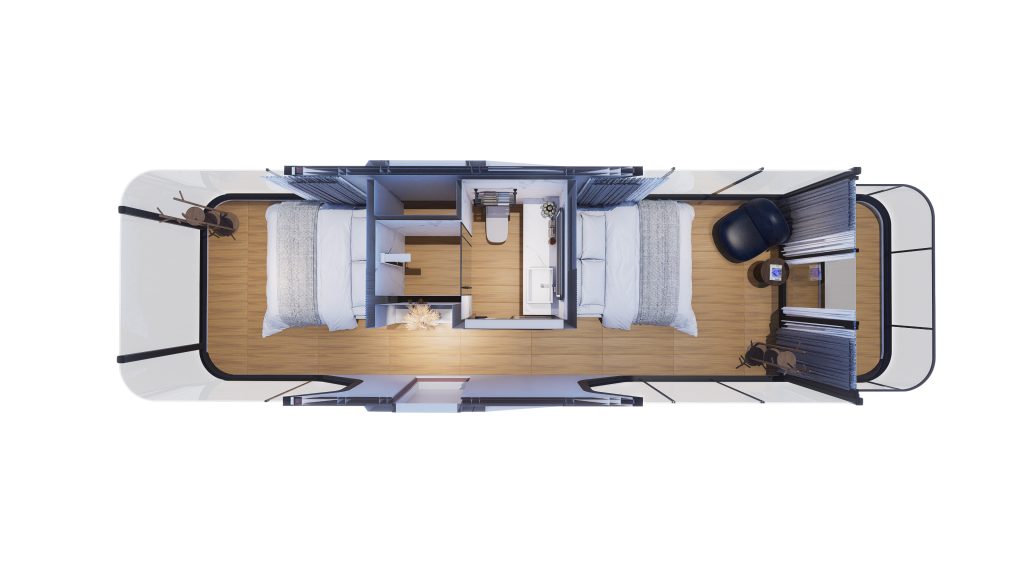 Rendered top-down layout of an alternate twin-bed capsule configuration