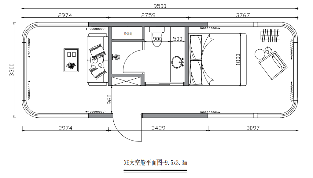 Dimensioned floor plan of the X6 capsule, 9.5 by 3.3 metres