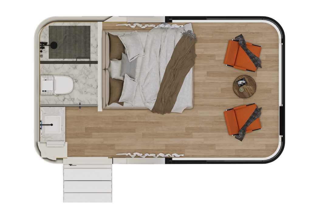 Rendered top-down layout of a bedroom suite with an outdoor terrace