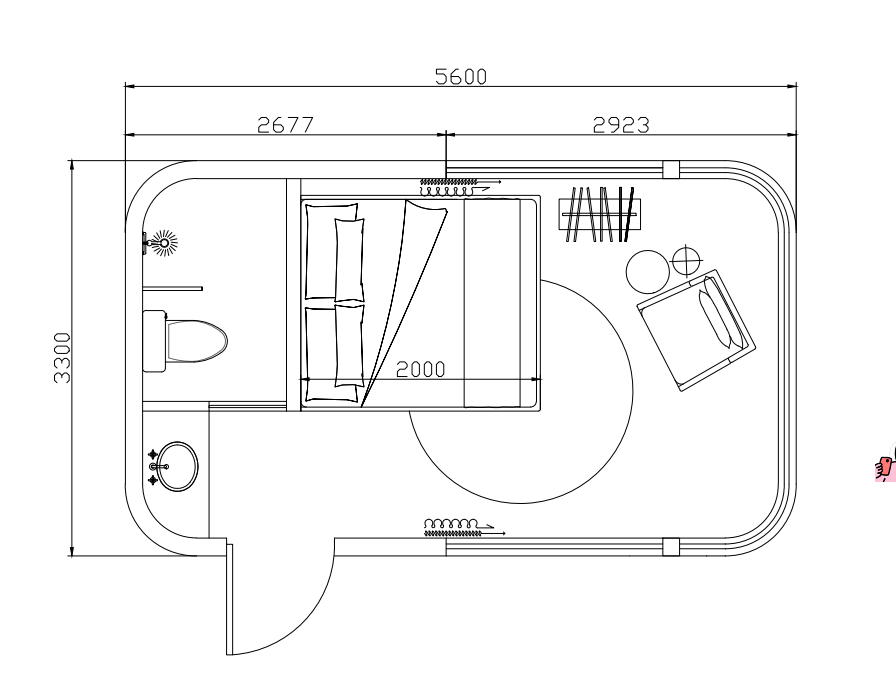 Dimensioned floor plan of a smaller compact studio capsule