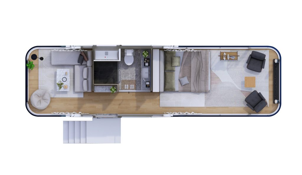 Rendered top-down layout showing living room, bedroom and bathroom